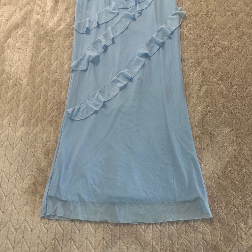 Light Blue Square Neck Ruffle Tiered Mesh Maxi Dress Sleeveless Formal Gown M - Picture 5 of 6